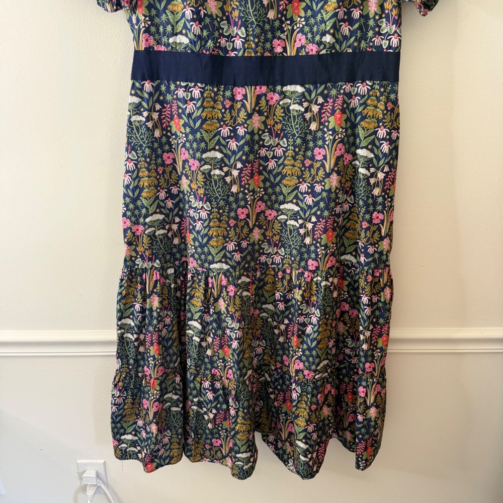 Boden Botanical Floral Tiered Midi Dress Navy Blue Ruffled Puff Sleeve US 14R - Picture 5 of 10